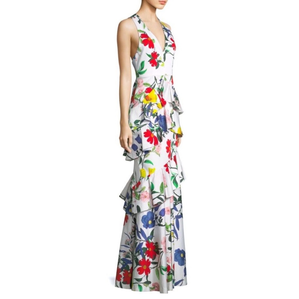 Alice + Olivia Flossie Floral Tiered V-Neck Multicolor Maxi Dress Gown